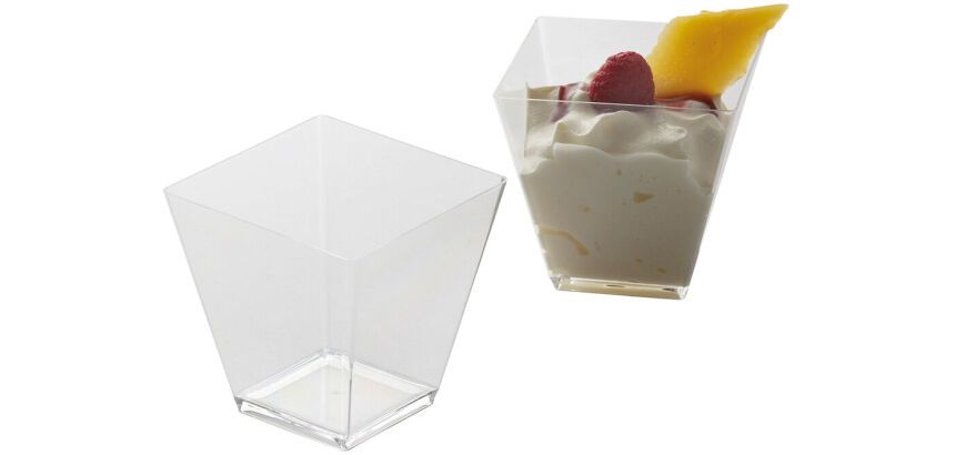 carton de 500 (20 paquets de 25) verrines en polystyrène pour mises en bouche Quadra transparentes 55x55m 9.5 cl