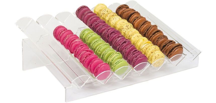 présentoir à macarons PMMA 7 rangs inclinés 460x33x14.5 cm