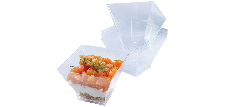 carton de 240 (12 sachets de 20) verrines en polystyrène pour entrées et desserts Padoga transparentes 80x80x63 mm 20 cl