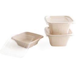 carton de 400 (8 sachets de 50) couvercles en pet pour saladiers en fibre de canne carrés 180x180 mm