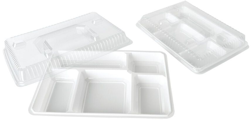Carton de 200 (4x50) plateaux repas blancs 5 compartiments en PS blanc 28,5x22,5 cm hauteur 3 cm