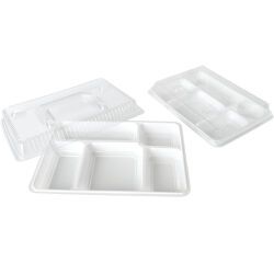 Carton de 200 (4x50) plateaux repas en PS blanc renforcé 5 compartiments 32x22,5 cm hauteur 3,4 cm