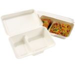 carton de 500 (10 paquets de 50) boîtes lunch en fibre avec couvercle articulé 2 compartiments 250x160x60 mm