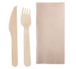 sachet de 250 set couverts bois 16 cm sous sachet 3/1 : fourchette, couteau, serviette 2 plis