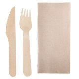 sachet de 250 set couverts bois 16 cm sous sachet 3/1 : fourchette, couteau, serviette 2 plis