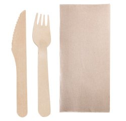 sachet de 250 set couverts bois 16 cm sous sachet 3/1 : fourchette, couteau, serviette 2 plis