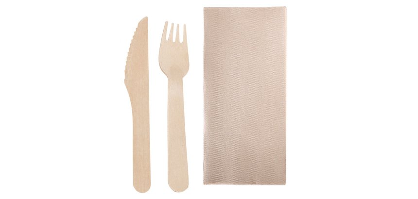sachet de 250 set couverts bois 16 cm sous sachet 3/1 : fourchette, couteau, serviette 2 plis