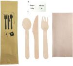 carton de 250 sets couverts bois 6/1 : fourchette, couteau, cuillère, serviette 2 plis, sel, poivre