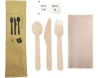 carton de 250 sets couverts bois 6/1 : fourchette, couteau, cuillère, serviette 2 plis, sel, poivre