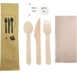 carton de 250 sets couverts bois 6/1 : fourchette, couteau, cuillère, serviette 2 plis, sel, poivre