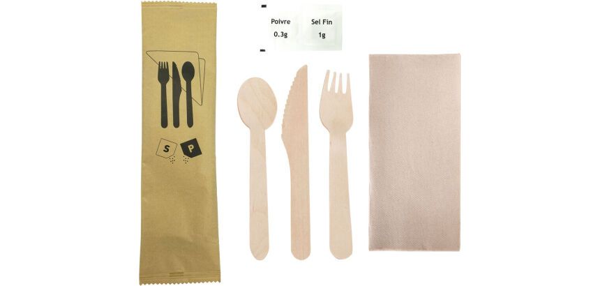 carton de 250 sets couverts bois 6/1 : fourchette, couteau, cuillère, serviette 2 plis, sel, poivre