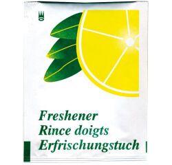 carton de 1000 rince-doigts senteur citron, en sachet 6x5 cm, format déplié 13x14 cm
