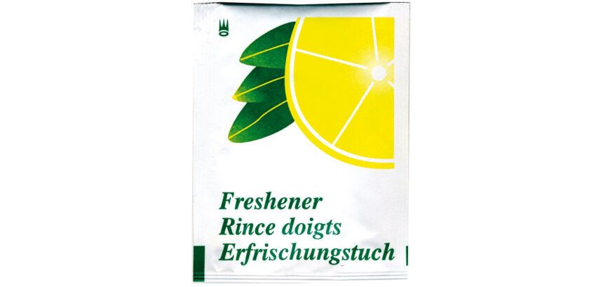 carton de 1000 rince-doigts senteur citron, en sachet 6x5 cm, format déplié 13x14 cm