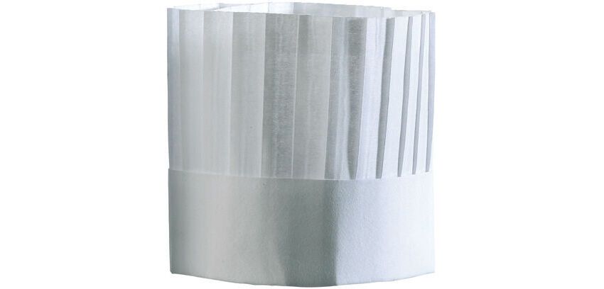 sachet de 10 toques "CHEF" BLANCHES plissées en non-tissé, H 18 cm sans coiffe