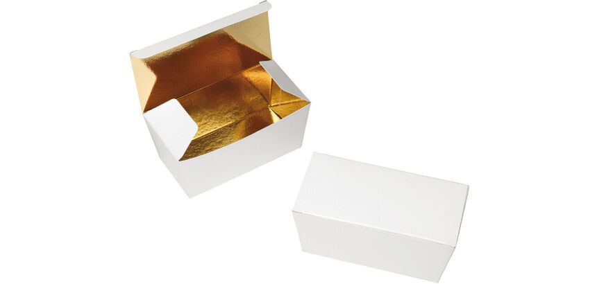paquet de 25 ballotins à chocolats en carton livrés pré-montés coloris blanc, intérieur or et cartonnette intercalaire blanc cont. 90 g  77x38x35 mm