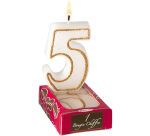 boîte de 12 (12 boîtes de 1) bougies chiffres blanches avec liseré or, n°6