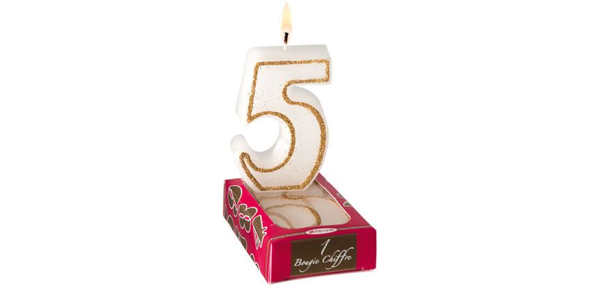boîte de 12 (12 boîtes de 1) bougies chiffres blanches avec liseré or, n°6