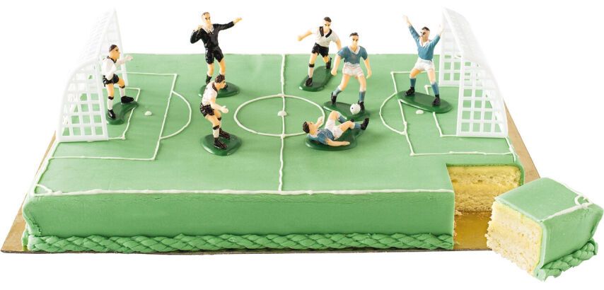 décor football en kit pour entremets, 6 joueurs + arbitre + 2 buts