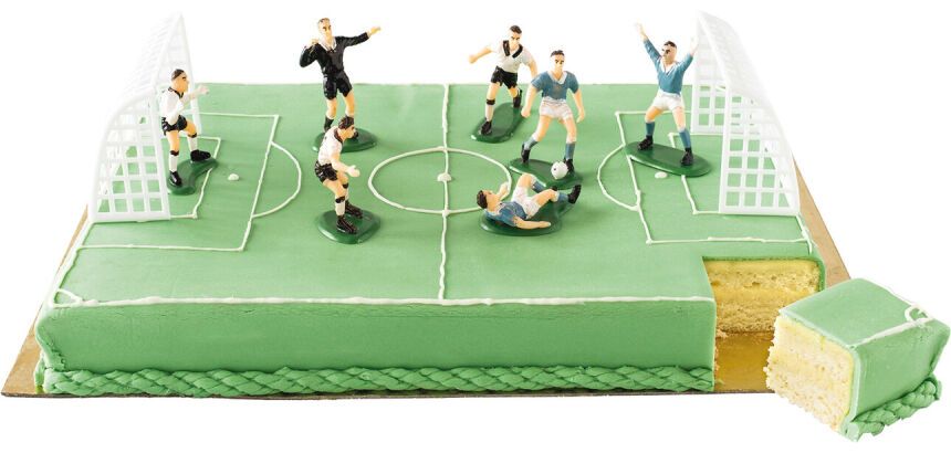 décor football en kit pour entremets, 6 joueurs + arbitre + 2 buts