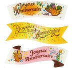 boîte de 24 décors en pain azyme banderole ""Joyeux Anniversaire"" aromatisé à la vanille, 3 modèles assortis  94x32 mm