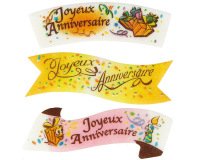 boîte de 24 décors en pain azyme banderole ""Joyeux Anniversaire"" aromatisé à la vanille, 3 modèles assortis  94x32 mm