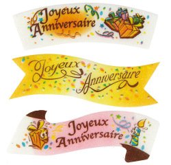 boîte de 24 décors en pain azyme banderole ""Joyeux Anniversaire"" aromatisé à la vanille, 3 modèles assortis  94x32 mm
