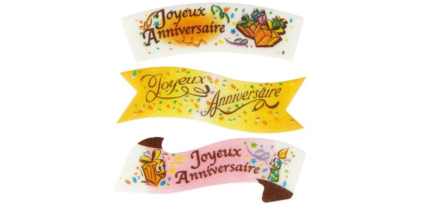 boîte de 24 décors en pain azyme banderole ""Joyeux Anniversaire"" aromatisé à la vanille, 3 modèles assortis  94x32 mm