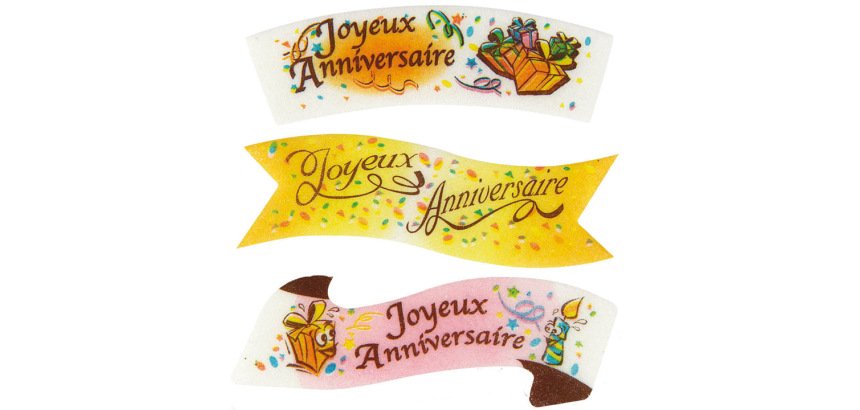 boîte de 24 décors en pain azyme banderole ""Joyeux Anniversaire"" aromatisé à la vanille, 3 modèles assortis  94x32 mm