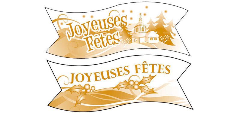 boîte de 24 décors en pain azyme banderole ""Joyeuses fêtes"" 2 modèles assortis 94x30 mm