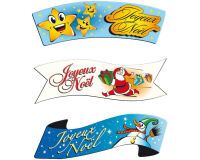 boîte de 24 décors en pain azyme banderole ""Joyeux Noël"" 3 modèles assortis 94x30 mm