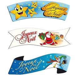 boîte de 24 décors en pain azyme banderole ""Joyeux Noël"" 3 modèles assortis 94x30 mm