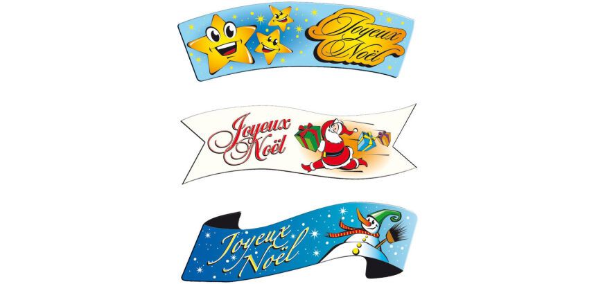 boîte de 24 décors en pain azyme banderole ""Joyeux Noël"" 3 modèles assortis 94x30 mm