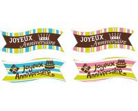 boîte de 24 décors en pain azyme banderole ""Joyeux Anniversaire"" 4 modèles assortis
