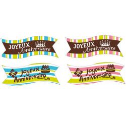 boîte de 24 décors en pain azyme banderole ""Joyeux Anniversaire"" 4 modèles assortis