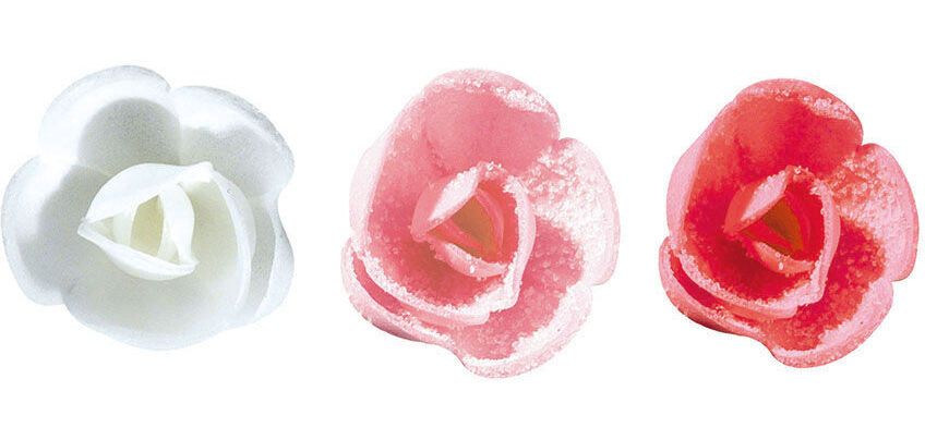 boîte de 60 décors en pain azyme, mini-roses cristallisées assorties rouges, roses, blanches ø 30 mm