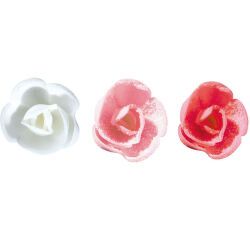 boîte de 60 décors en pain azyme, roses cristallisées assorties rouges, roses, blanches ø 40 mm