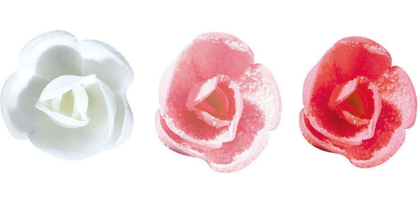 boîte de 60 décors en pain azyme, roses cristallisées assorties rouges, roses, blanches ø 40 mm
