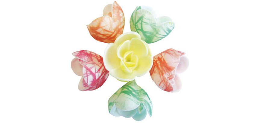boîte de 72 décors en pain azyme, fleurs azyme pastel zébrées assorties ø 40 mm