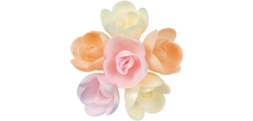 boîte de 72 décors en pain azyme, roses pastel assorties ø 40 mm