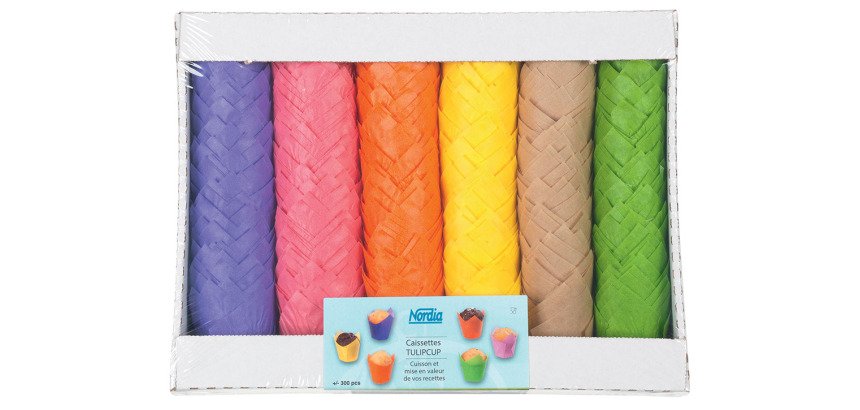 paquet de 300 (50 de chaque couleur) caissettes de cuisson tulipcup en papier ingraissable assorties violet/rose/jaune/rouge/orange/vert ø 35 h 60 mm
