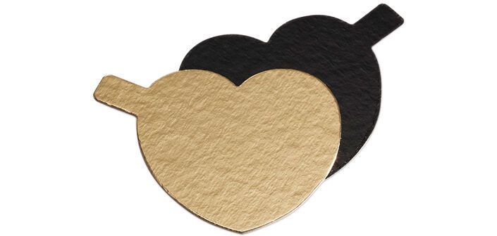 boîte distributrice de 200 mini-cartons réversibles or et noir avec languette forme coeur ø 80 mm