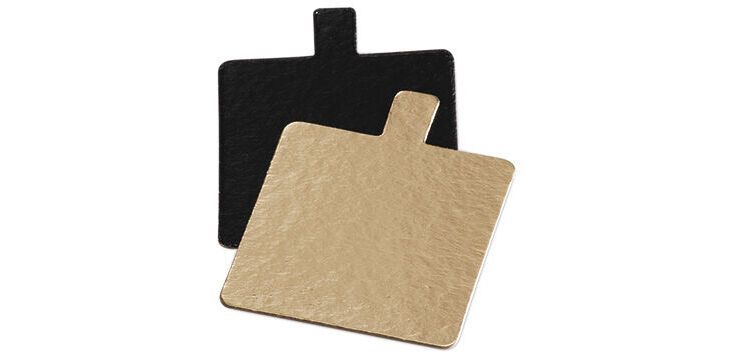 boîte distributrice de 200 mini-cartons réversibles métallisés or et noir avec languette, carrés 80x80 mm