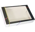 paquet de 25 boîtes traiteur en carton "prestige" imprimé noir avec fenêtre cellophane transparente - 620x420x80 mm
