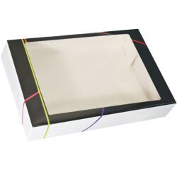 paquet de 25 boîtes traiteur en carton "prestige" imprimé noir avec fenêtre cellophane transparente - 620x420x80 mm