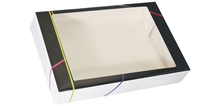 paquet de 25 boîtes traiteur en carton "prestige" imprimé noir avec fenêtre cellophane transparente - 620x420x80 mm
