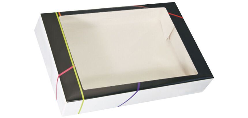 paquet de 25 boîtes traiteur en carton "prestige" imprimé noir avec fenêtre cellophane transparente - 620x420x80 mm