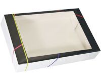 paquet de 25 boîtes traiteur en carton "prestige" imprimé noir avec fenêtre cellophane transparente - 620x420x130 mm