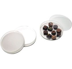 paquet de 10 boîtes à bonbons en PVC rondes avec fond carton blanc ø 140 H25 mm
