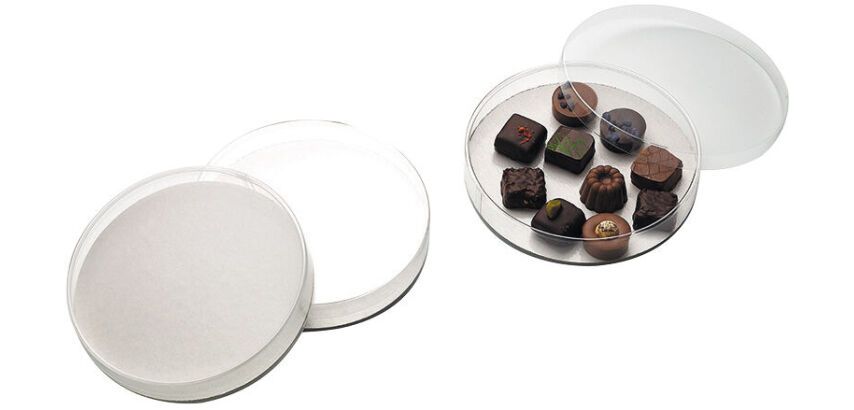 paquet de 10 boîtes à bonbons en PVC rondes avec fond carton blanc ø 140 H25 mm