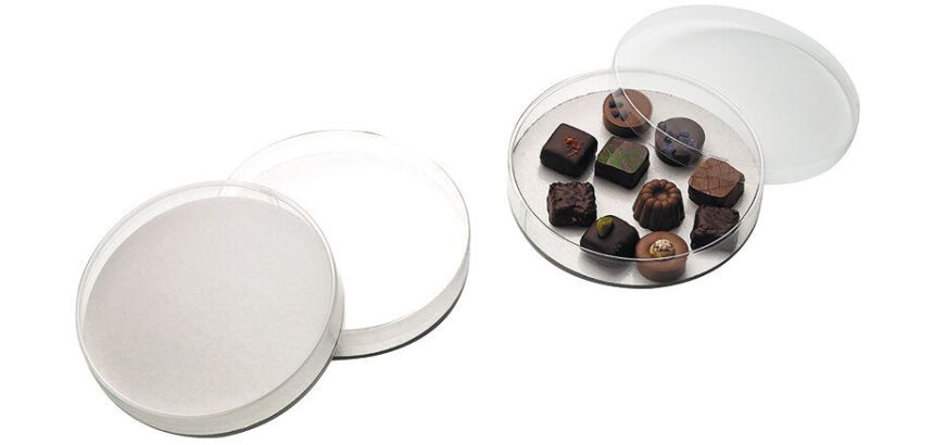 paquet de 10 boîtes à bonbons en PVC rondes avec fond carton blanc ø 140 H25 mm